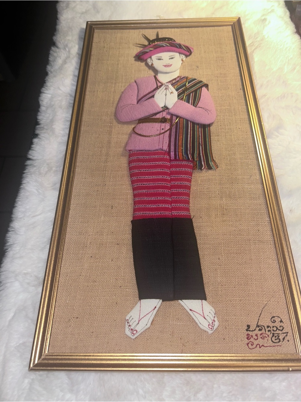 APPLIQUED CLOTH GIRL on burlap framed signed - WALL HANGING 18”x9” Thailand